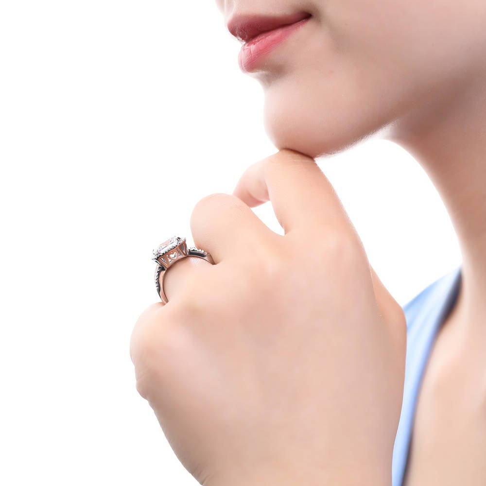 Model wearing Halo Cushion CZ Statement Ring in Sterling Silver, 5 of 12