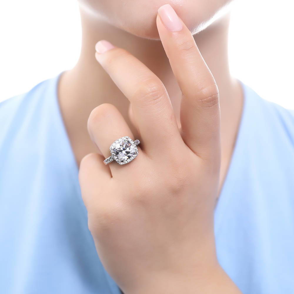 Model wearing Halo Cushion Cut CZ Ring in Sterling Silver, 2 of 13