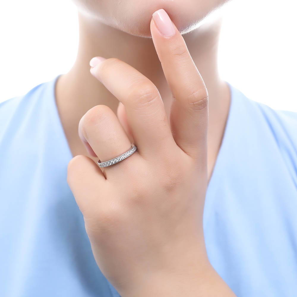 Model wearing Pave CZ Eternity Ring in Sterling Silver, 2 of 5