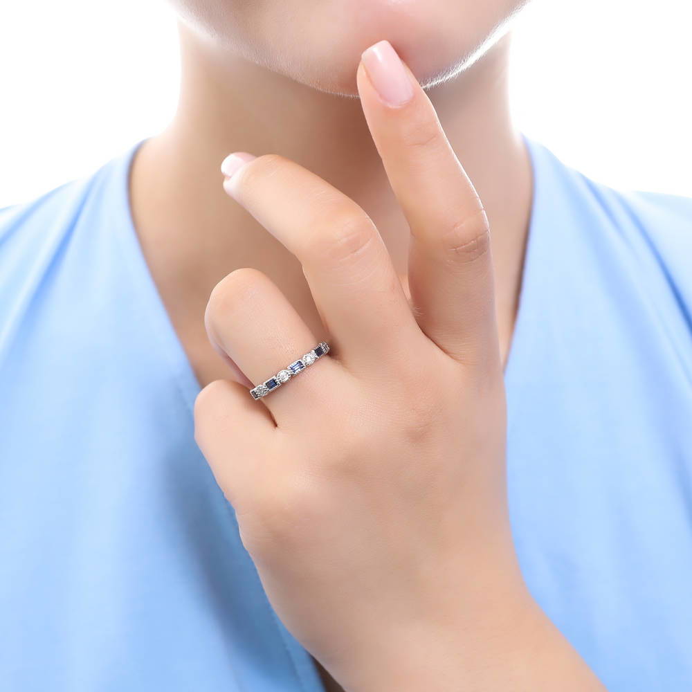 Model wearing Art Deco Sapphire-Blue Bezel CZ Eternity Ring in Sterling Silver, 8 of 8