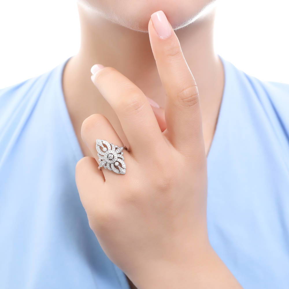 Model wearing Navette Art Deco Milgrain CZ Ring in Sterling Silver, 2 of 6