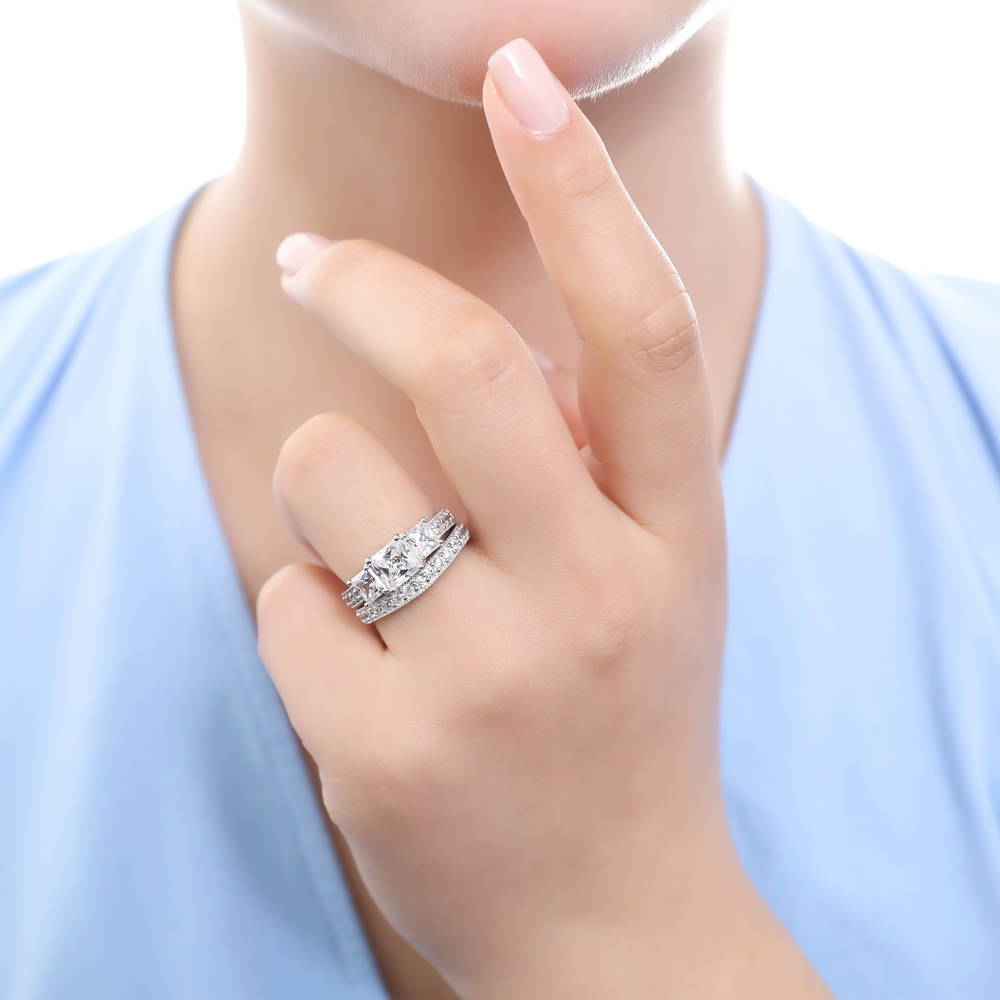 Model wearing 3-Stone Princess CZ Ring Set in Sterling Silver, 5 of 13
