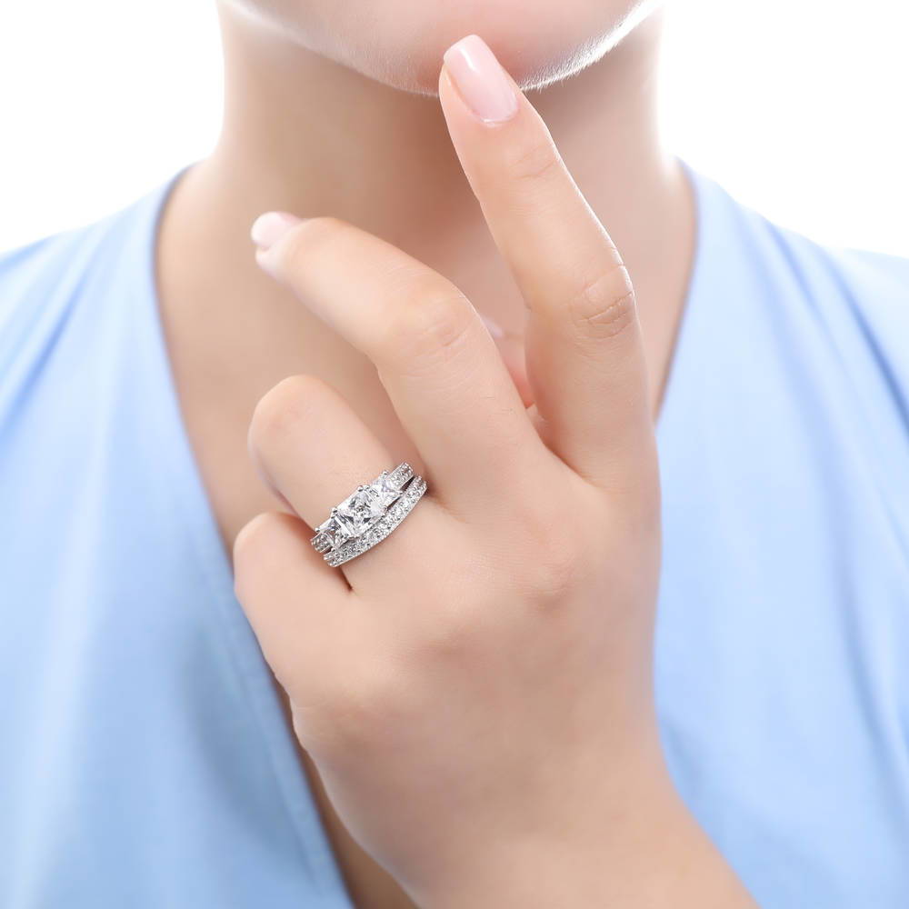 Model wearing 3-Stone 1.6ct Princess CZ Ring Set in Sterling Silver, 6 of 14