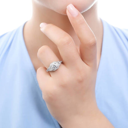 Halo Art Deco CZ Ring in Sterling Silver