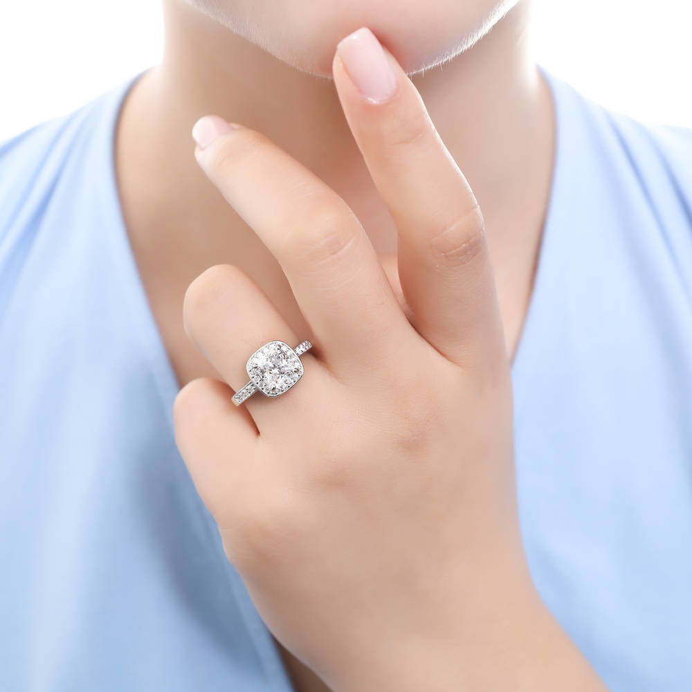 Model wearing Halo Cushion CZ Ring in Sterling Silver, 2 of 10
