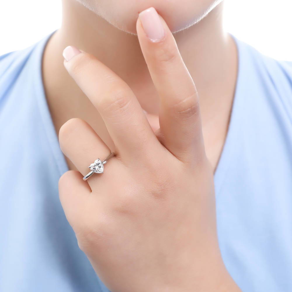 Model wearing Solitaire Heart 1.1ct CZ Ring in Sterling Silver, 2 of 7