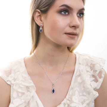 Halo Simulated Blue Sapphire Marquise CZ Set in Sterling Silver