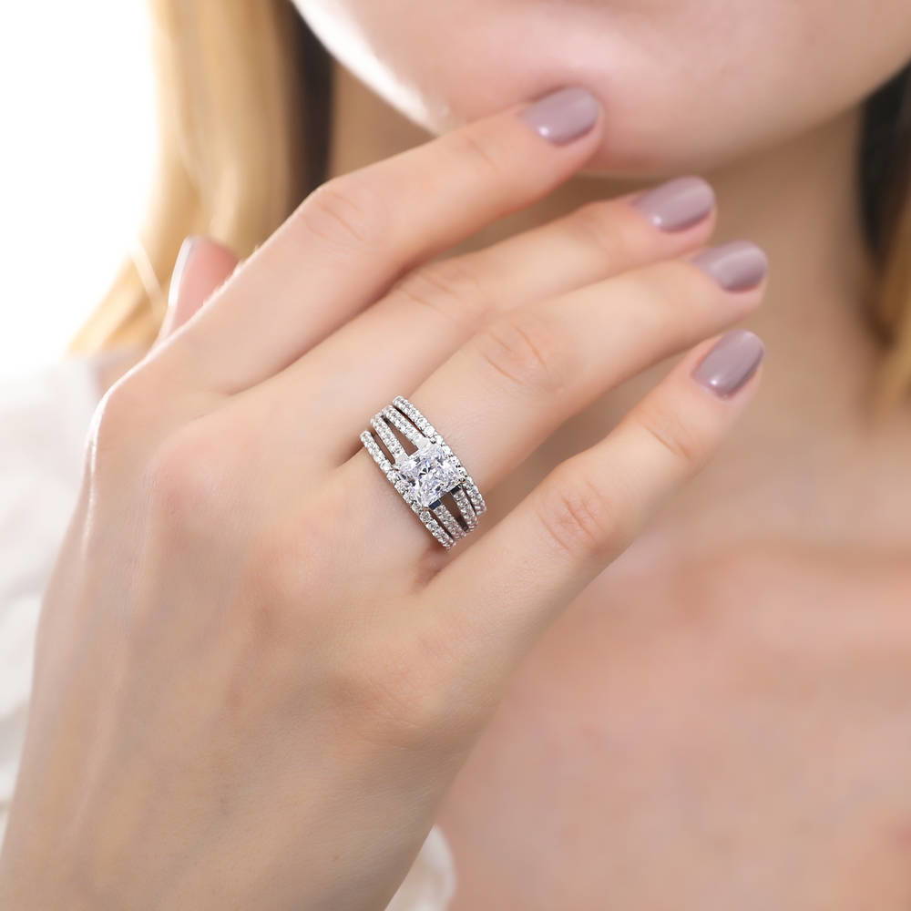 Model wearing Solitaire 2ct Princess CZ Split Shank Ring Set in Sterling Silver, 6 of 16