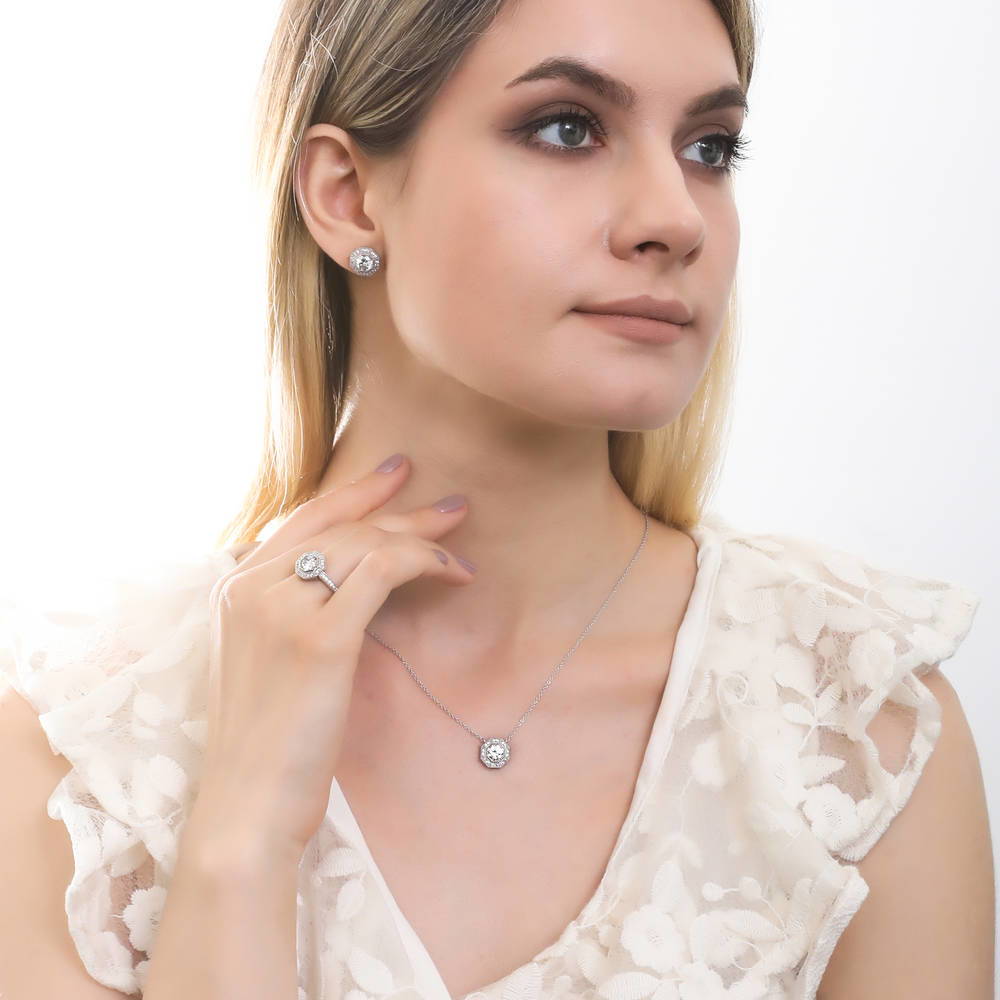Model wearing Halo Vintage Style Octagon Sun CZ Set in Sterling Silver, 2 of 12