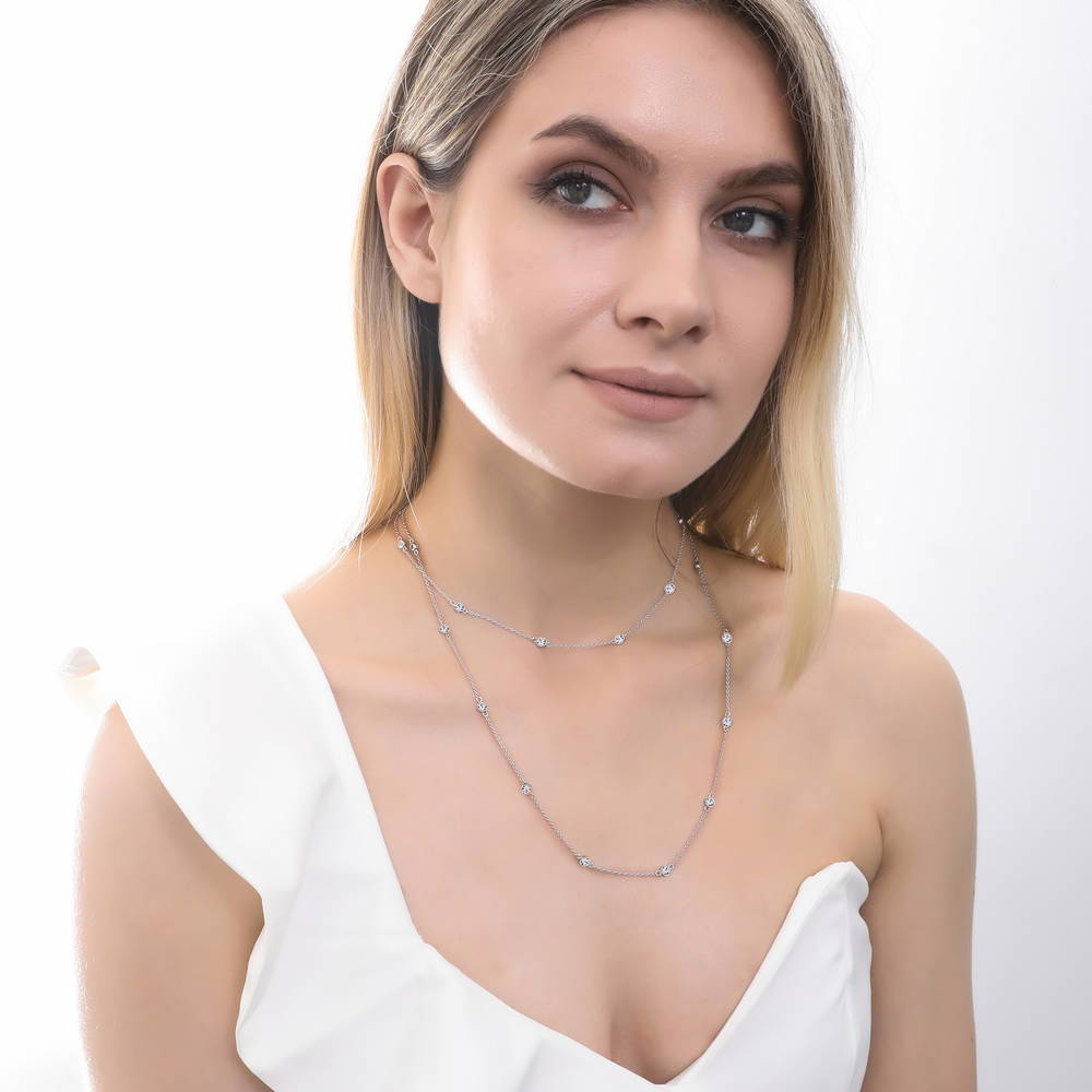 Model wearing Station CZ Station Necklace in Sterling Silver, Rhodium Plated / 36 inch