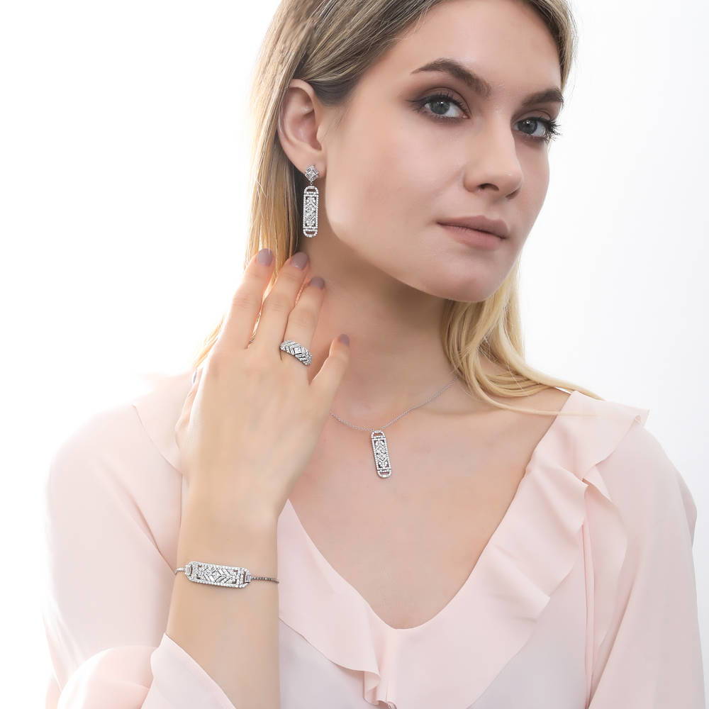 Bar Art Deco CZ Earrings in Sterling Silver