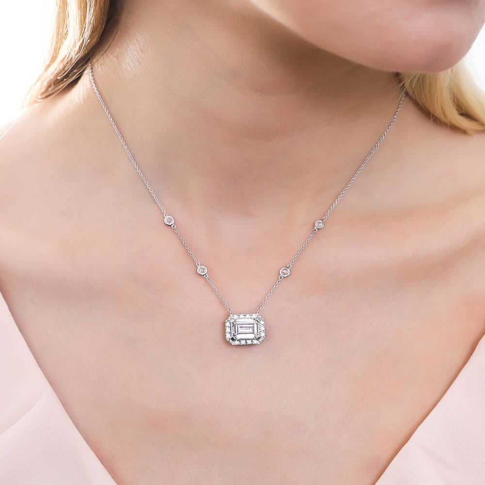 East-West Halo CZ Necklace and Earrings Set in Sterling Silver