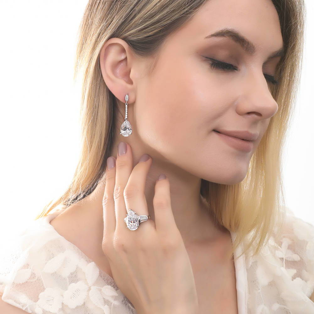 Model wearing 3-Stone Pear CZ Statement Ring in Sterling Silver, 6 of 8