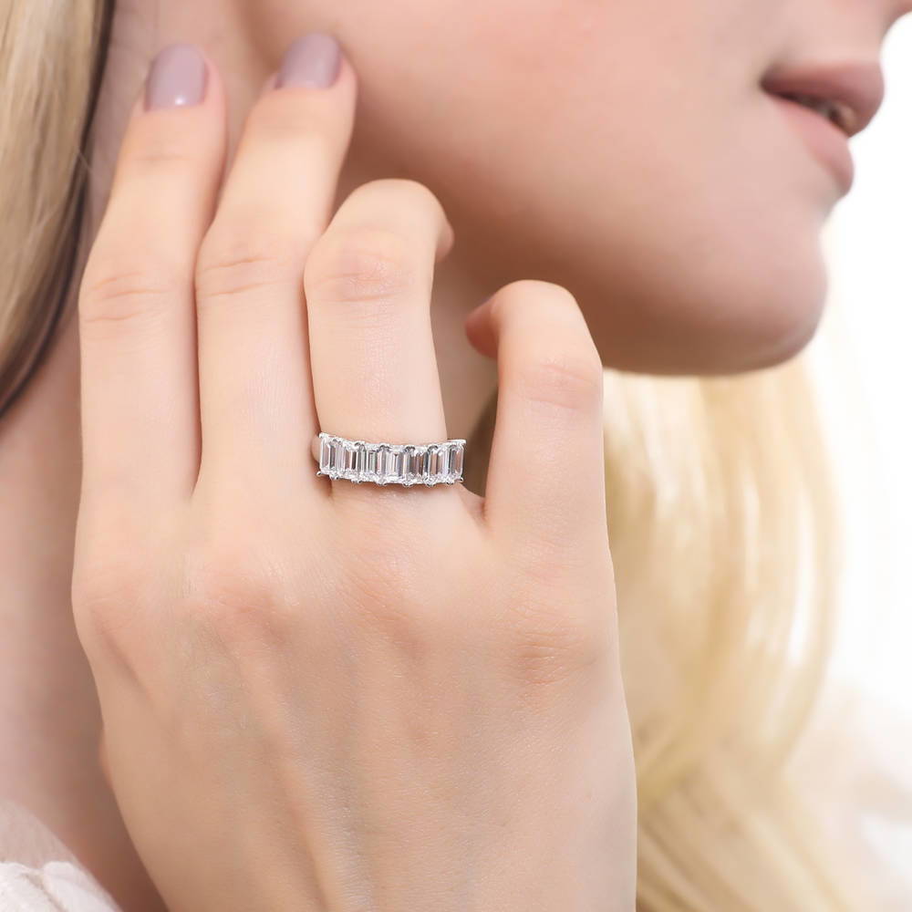 7-Stone Emerald Cut CZ Half Eternity Ring in Sterling Silver