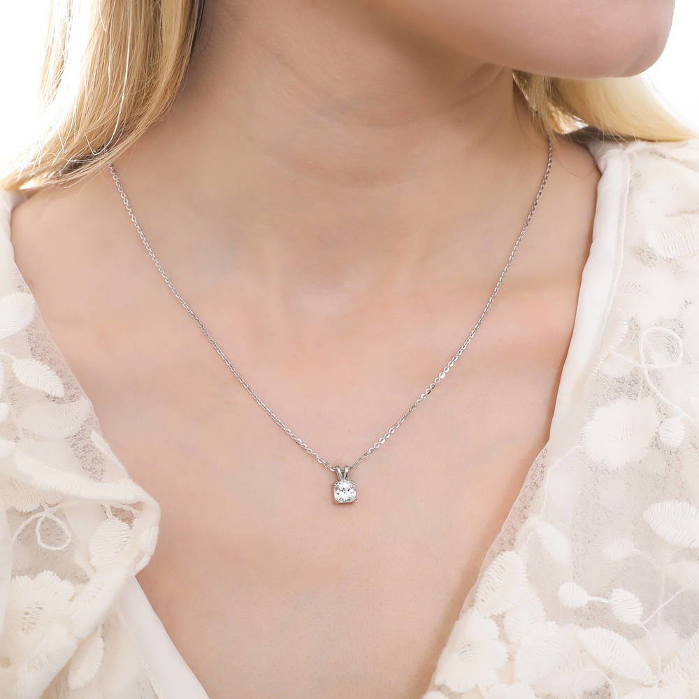 Model wearing Solitaire 1.25ct Checkerboard Cushion CZ Necklace in Sterling Silver, 2 of 6