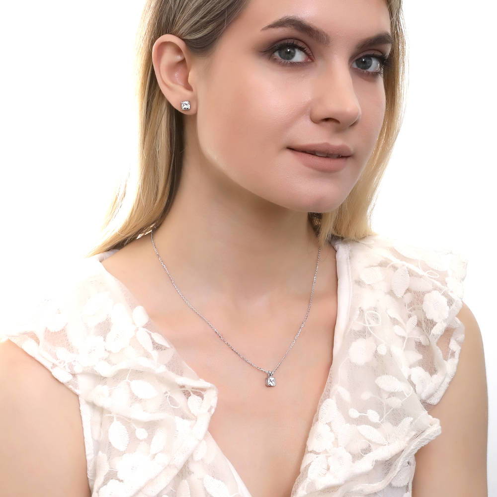 Model wearing Solitaire 1.25ct Checkerboard Cushion CZ Necklace in Sterling Silver, 3 of 6