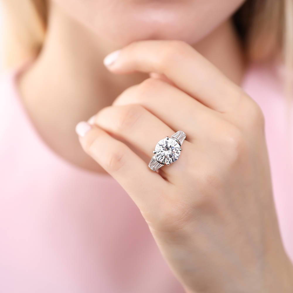 Model wearing 3-Stone 4.9ct CZ Ring in Sterling Silver, 6 of 9