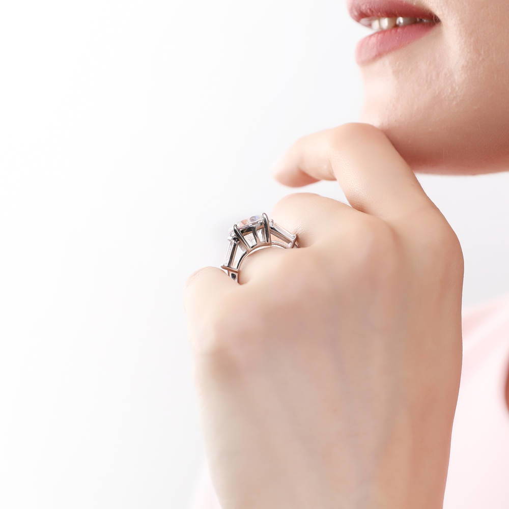 Model wearing 3-Stone 4.9ct CZ Ring in Sterling Silver, 7 of 9
