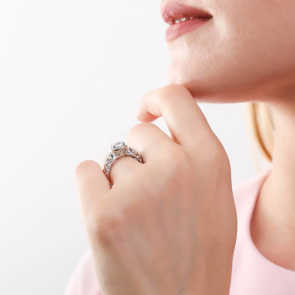 Model wearing Halo Art Deco Round CZ Ring in Sterling Silver, 5 of 10