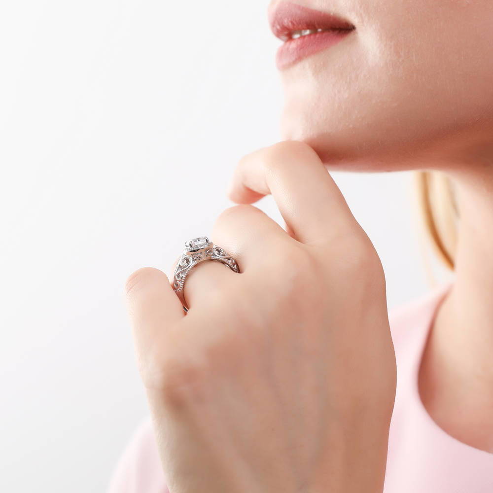 Model wearing Halo Art Deco Milgrain CZ Ring in Sterling Silver, 6 of 11