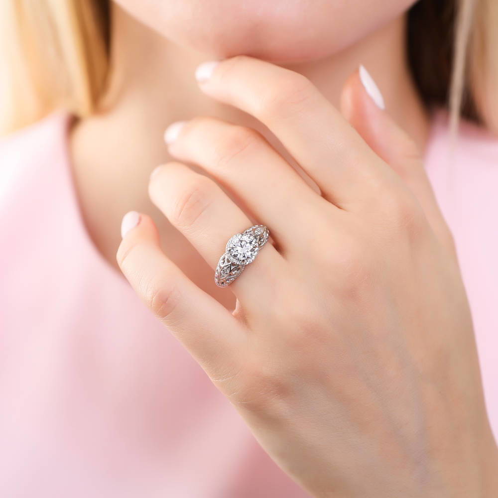 Model wearing Halo Art Deco Milgrain CZ Ring in Sterling Silver, 2 of 11