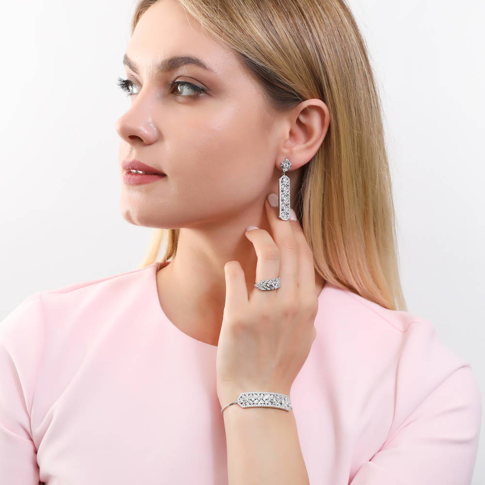 Model wearing Bar Art Deco CZ Earrings in Sterling Silver, 6 of 8