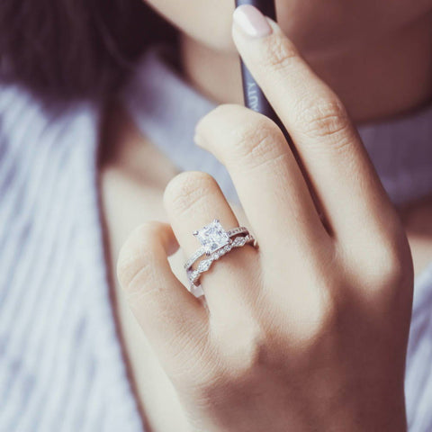 Image Contain: Model Wearing Art Deco Eternity Ring, Solitaire with Side Stones Ring