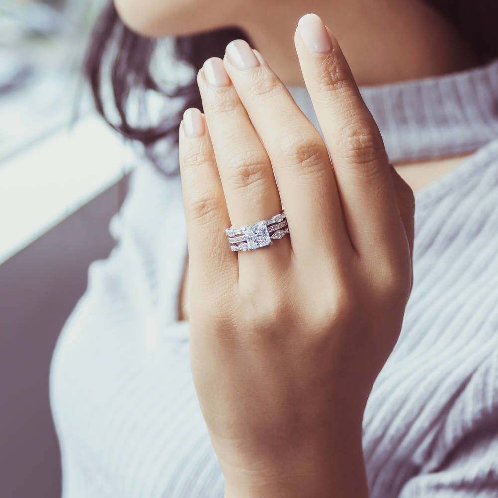 Image Contain: Model Wearing Art Deco Eternity Ring, Art Deco Half Eternity Ring, Solitaire with Side Stones Ring
