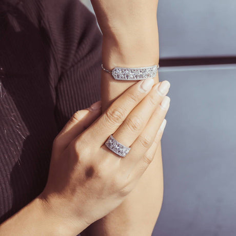 Image Contain: Model Wearing Art Deco Chain Bracelet, Art Deco Ring