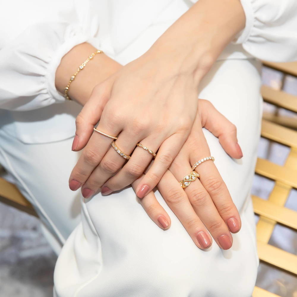 Model wearing Pave CZ Eternity Ring in Gold Flashed Sterling Silver, 6 of 11