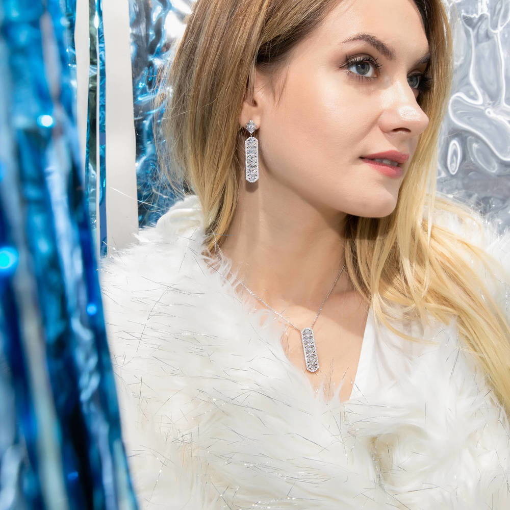 Model wearing Bar Art Deco CZ Earrings in Sterling Silver, 3 of 8