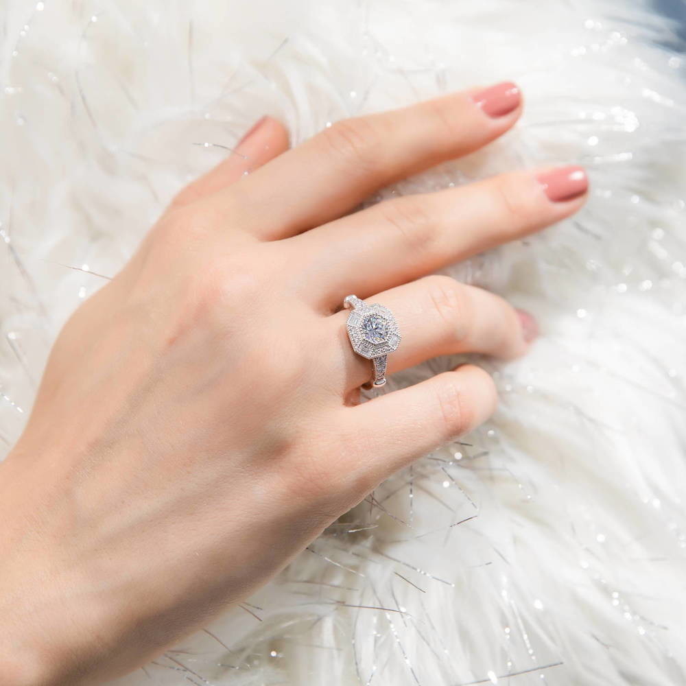 Model wearing Halo Art Deco Milgrain Octagon Sun Cut CZ Ring in Sterling Silver, 2 of 9