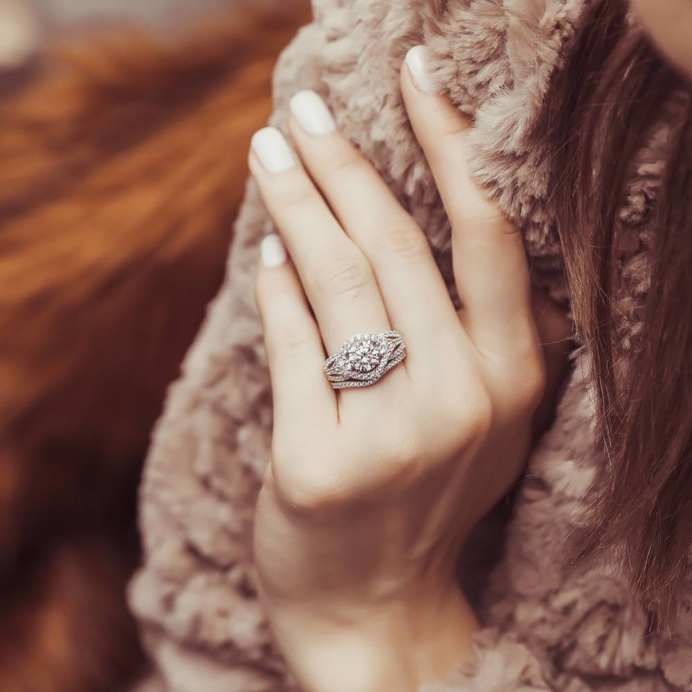 Model wearing 3-Stone Round CZ Ring Set in Sterling Silver, 2 of 13