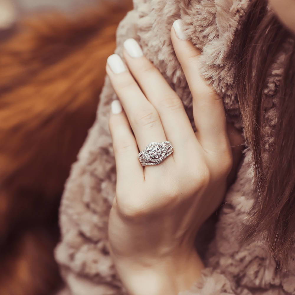 Model wearing 3-Stone Wishbone 1.25ct CZ Ring Set in Sterling Silver, 2 of 15