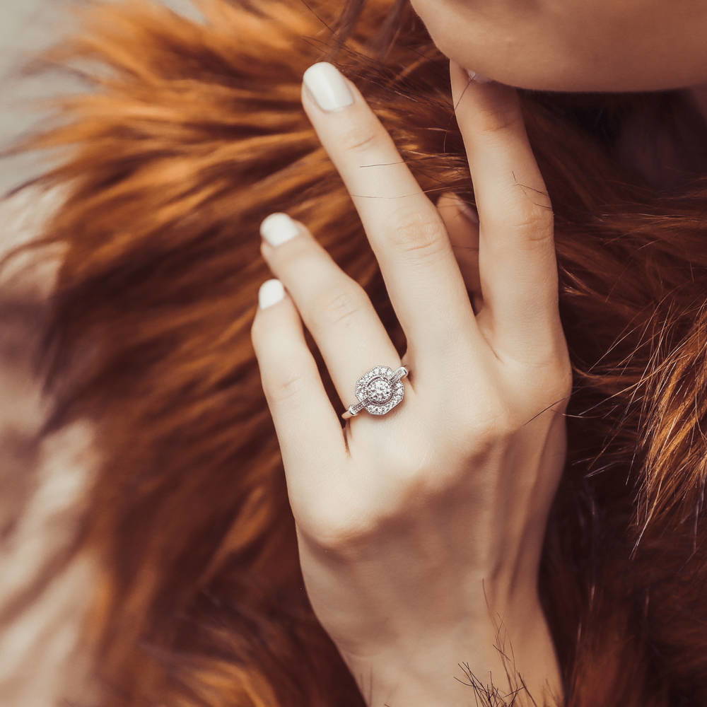 Model wearing Art Deco CZ Ring in Sterling Silver, 2 of 9