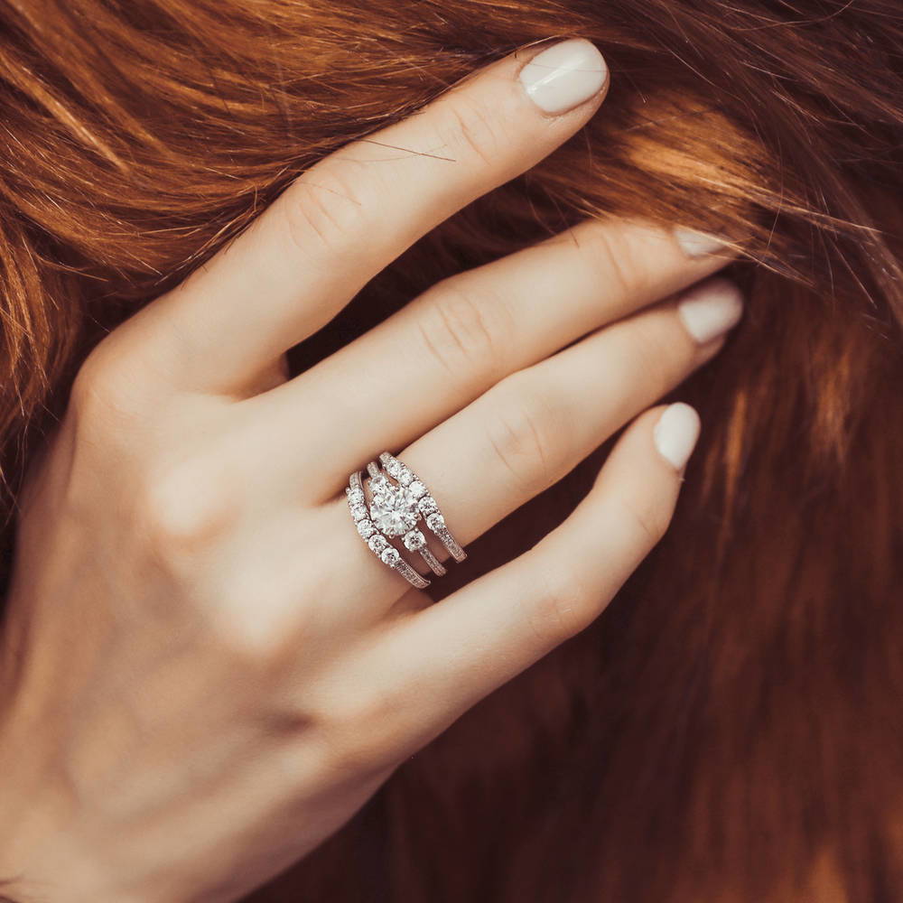 Model wearing 3-Stone Round CZ Ring Set in Sterling Silver, 2 of 16