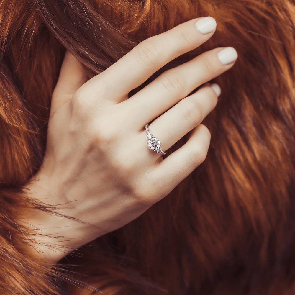 Model wearing 3-Stone Round CZ Ring in Sterling Silver, 5 of 12