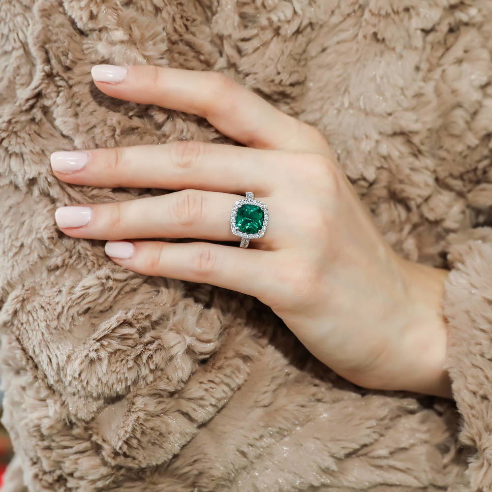 Model wearing Halo Green Cushion CZ Ring in Sterling Silver, 2 of 8