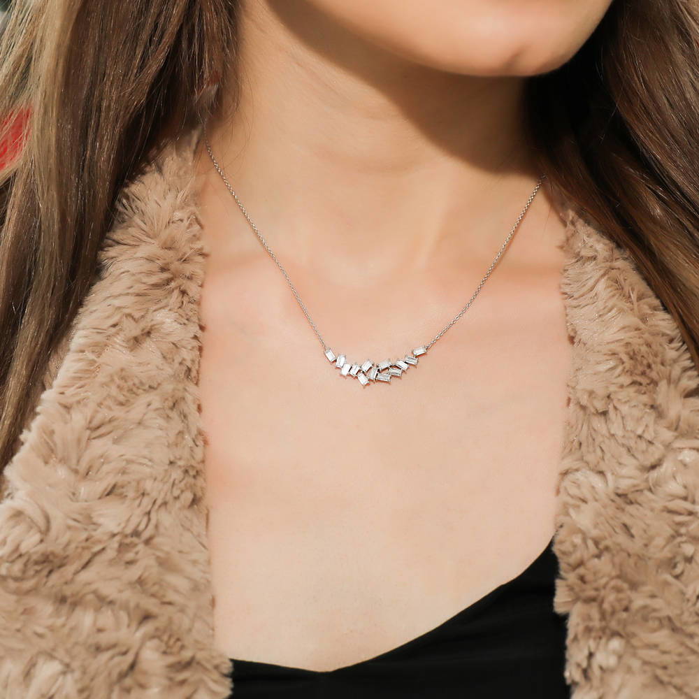 Model wearing Cluster Bar CZ Pendant Necklace in Sterling Silver, 2 of 6