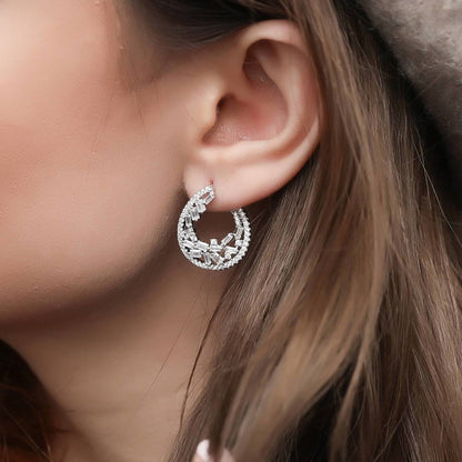 Teardrop Cluster CZ Small Hoop Earrings in Sterling Silver 0.9"