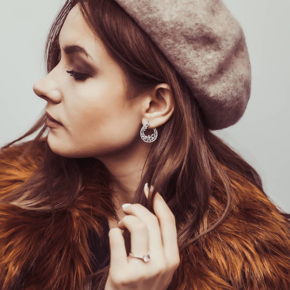 Model wearing Teardrop Cluster CZ Small Hoop Earrings in Sterling Silver 0.9 inch, 2 of 4