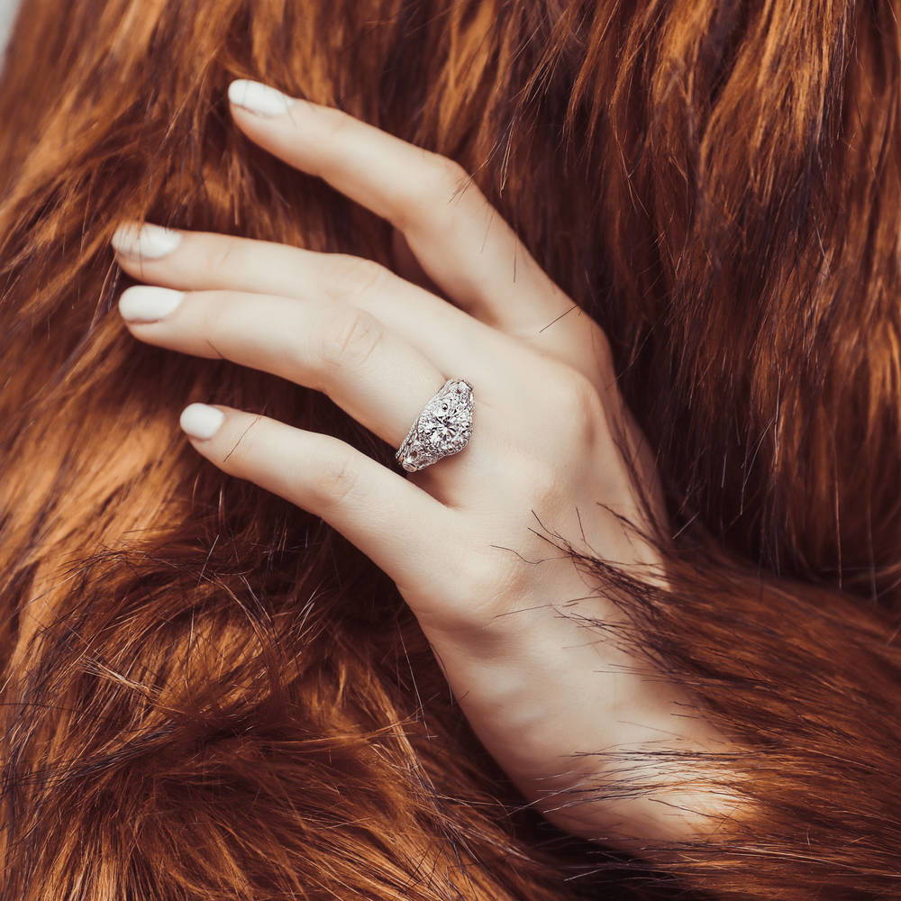 Model wearing Halo Art Deco CZ Ring in Sterling Silver, 2 of 8