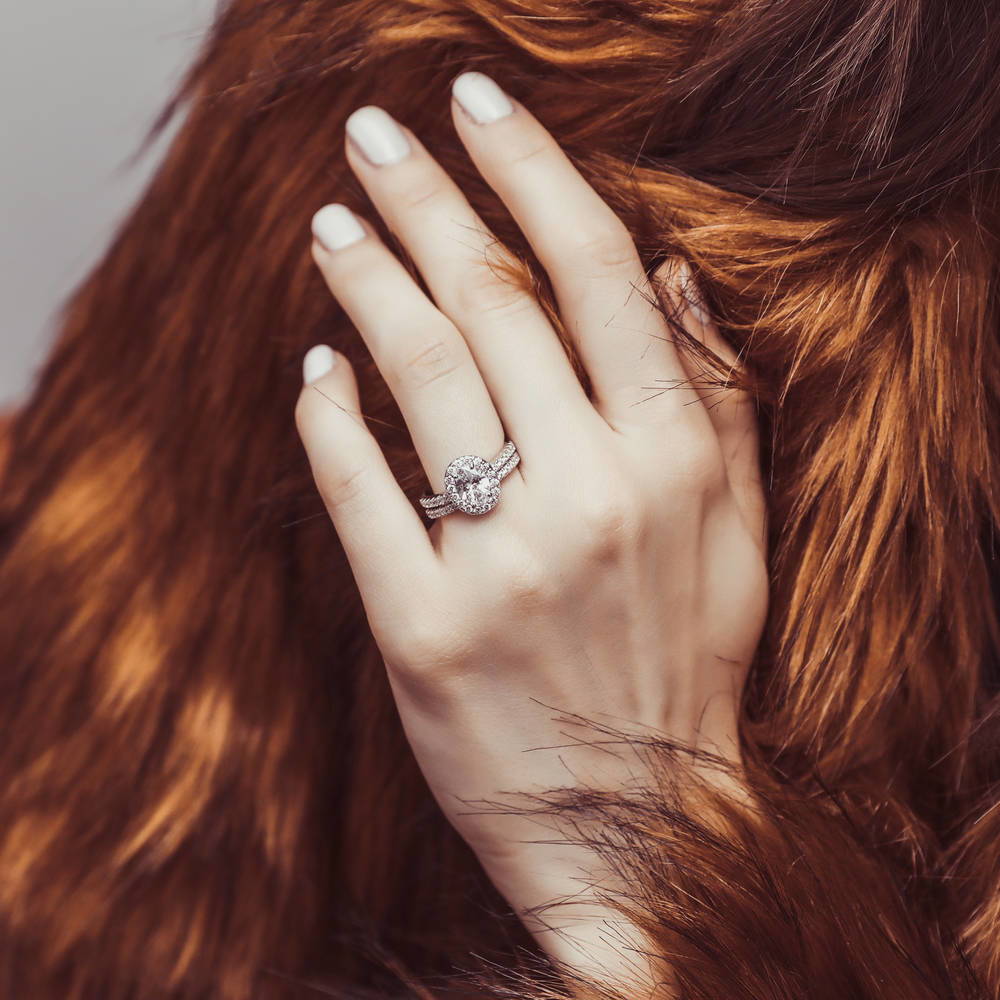 Model wearing Halo Oval CZ Ring Set in Sterling Silver, 7 of 16