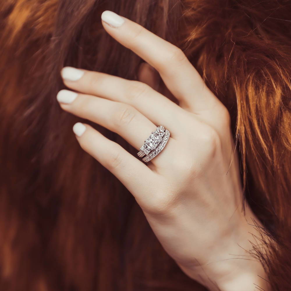Model wearing 3-Stone Princess CZ Ring Set in Sterling Silver, 2 of 13