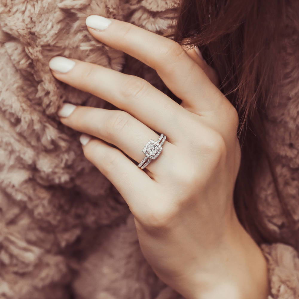 Model wearing Halo Cushion CZ Ring Set in Sterling Silver, 2 of 9
