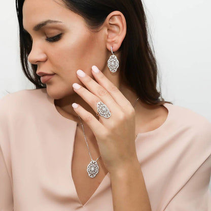 Flower Navette Art Deco Filigree CZ Ring in Sterling Silver