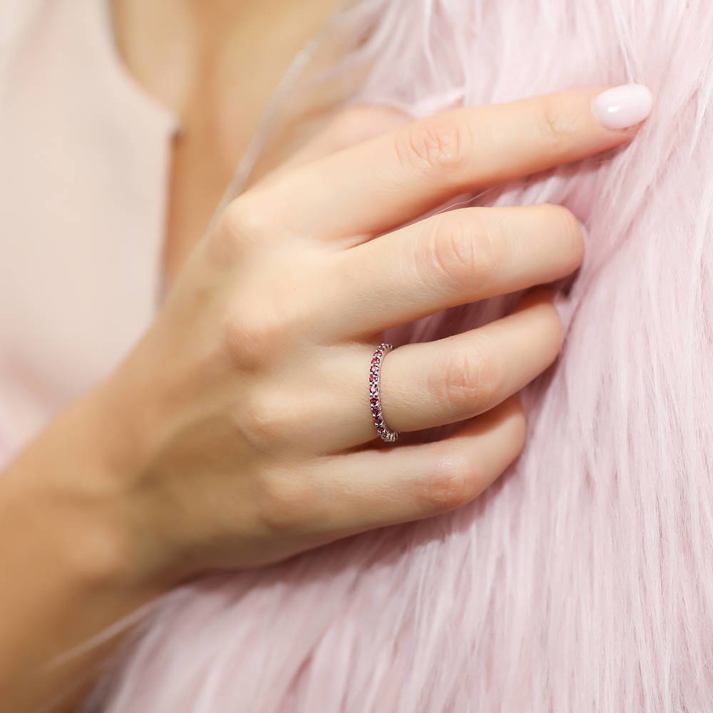 Model wearing Red Pave CZ Eternity Ring in Sterling Silver, 2 of 6