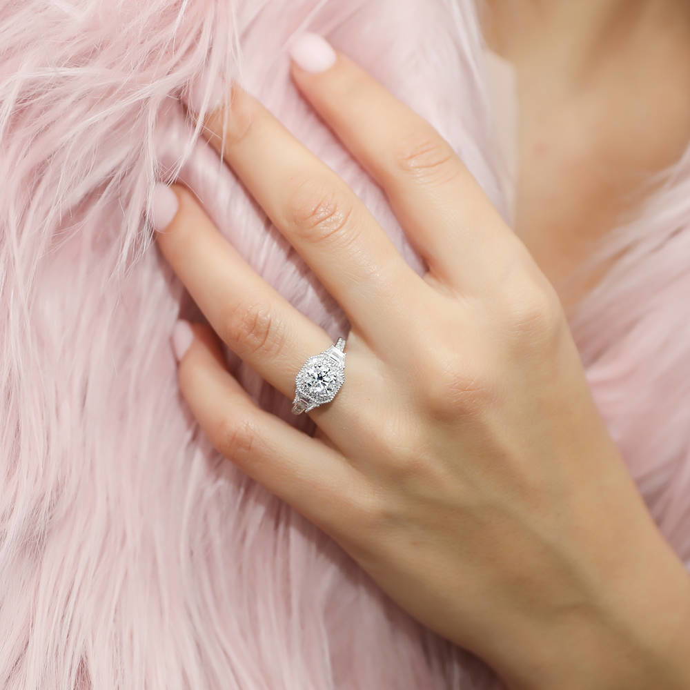 Model wearing Halo Art Deco CZ Ring Set in Sterling Silver, 12 of 16