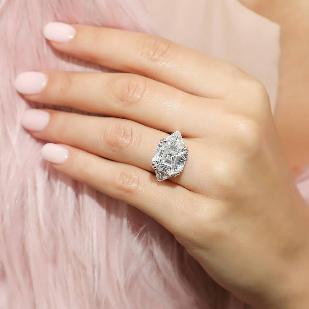 Model wearing 3-Stone Asscher CZ Statement Ring in Sterling Silver, 2 of 12