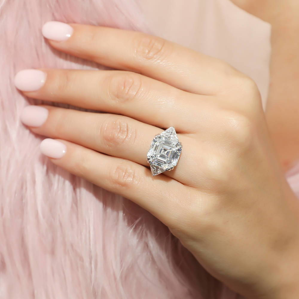 Model wearing 3-Stone 12.6ct Asscher CZ Ring in Sterling Silver, 2 of 13